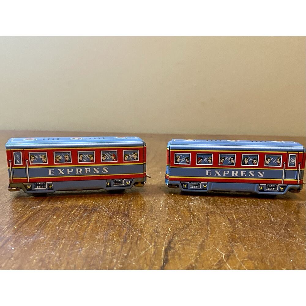 Vintage 2 Metal Tin Toy Train Express Cars Made in Japan